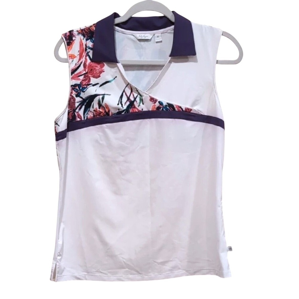 Lady Hagen Sleeveless Golf Polo White Floral Print V-Neck Women Medium